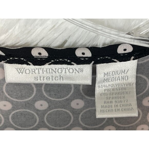 Worthington Stretch Medium Short Sleeve Black White Surplice Top Dots Circles - Picture 3 of 8